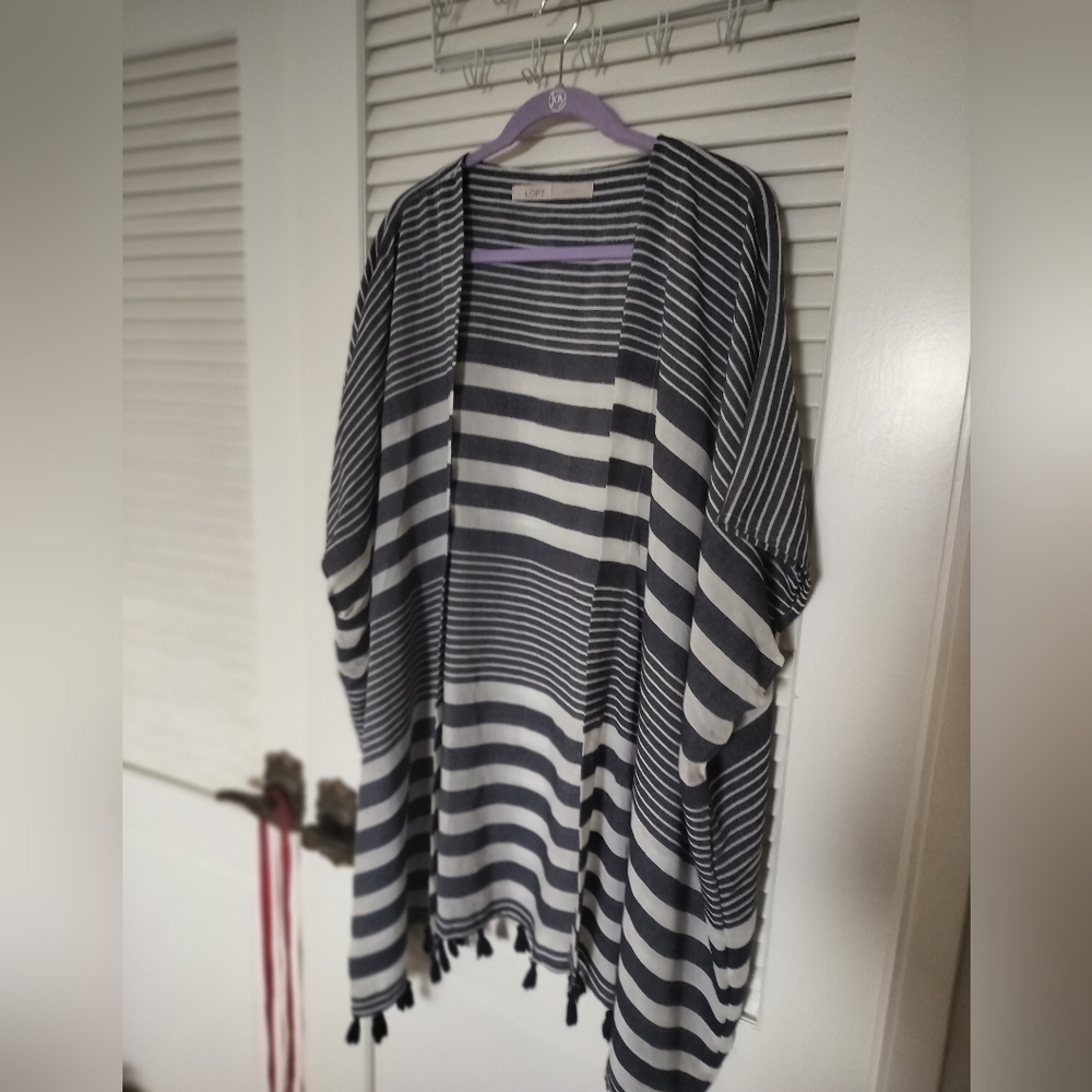 Loft One Size Navy White Striped Kimono With Fringe Detail Rayon Acrylic Blend